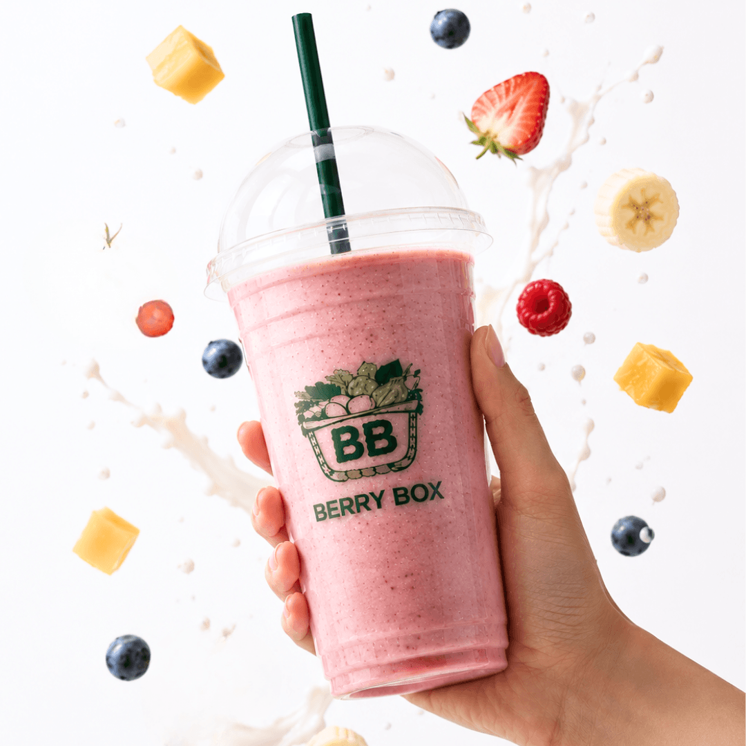 Smoothie bottle with fresh fruit ingredients.